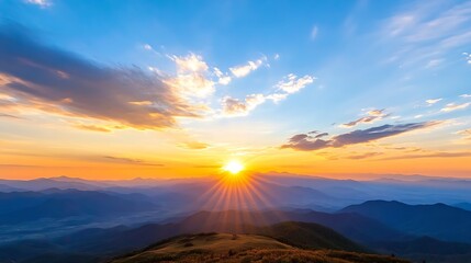 Breathtaking sunset over mountains captured in vibrant colors showcasing nature's beauty and serene atmosphere : Generative AI