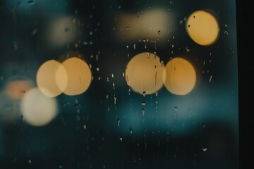 Raindrops on Window with Blurred Warm Lights in Background Creating a Serene and Melancholic Atmosphere Capturing the Tranquility of a Rainy Night