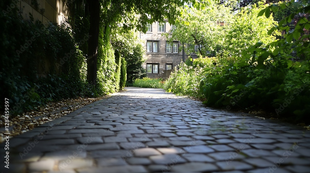 Poster Charming cobblestone path surrounded by lush greenery in a peaceful garden setting : Generative AI