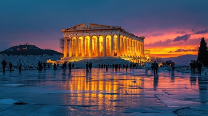 Fototapeta premium Tourists at Parthenon, Athens, sunset reflection