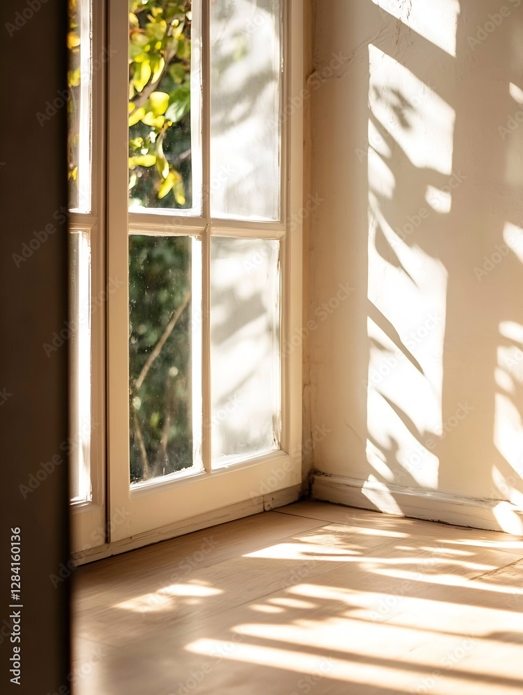 Poster interior view of a cozy room with sunlight streaming through the window creating beautiful patterns 