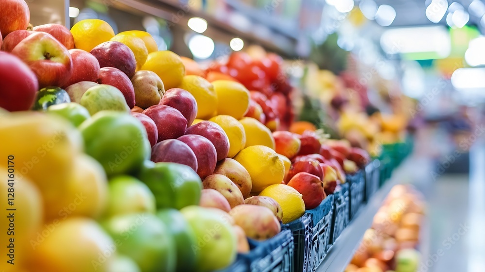 Aufkleber vibrant display of fresh fruits including apples oranges and bananas arranged in a grocery store for