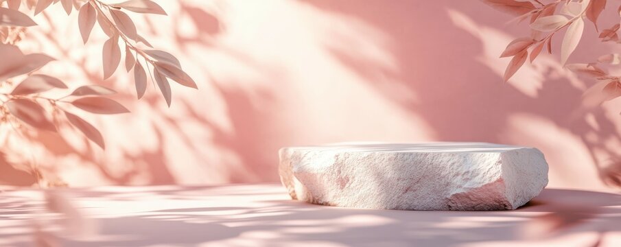 Minimalist pink stone pedestal with soft leaf shadows in sunlight
