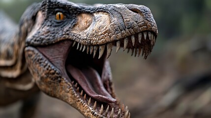 Fototapeta premium Ferocious Realistic TRex Dinosaur Displaying Sharp Teeth in a Dramatic Jungle Setting : Generative AI