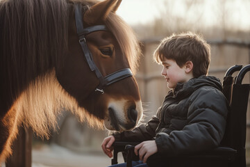Boy in wheelchair bonding with horse during therapy session. Heartwarming image of young boy in wheelchair interacting with a gentle horse during an outdoor therapeutic session.