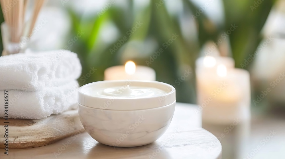 Leinwandbilder spa setup with calming candles and soft towels for a relaxing wellness experience : generative ai