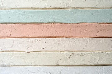 An abstract composition of horizontal stripes in soft pink, sky blue, and light olive, with uneven spacing between them. 