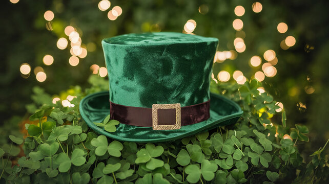 A festive green leprechaun hat surrounded by clovers with soft bokeh lights in the background, symbolizing St. Patrick's Day and good luck.