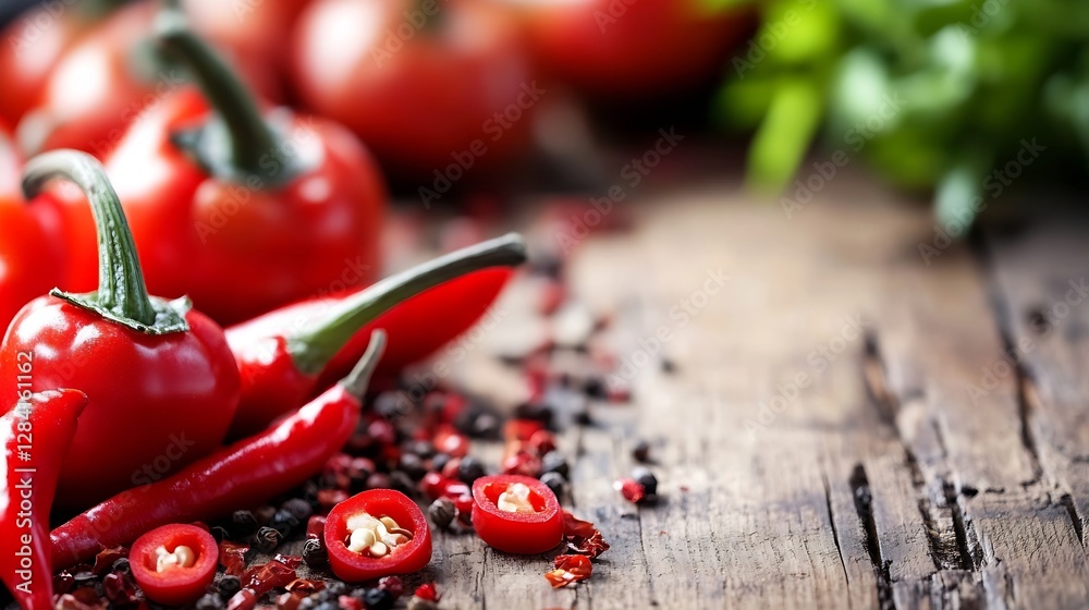 Poster fresh red chili peppers and tomatoes arranged on rustic wooden table in vibrant kitchen setting : ge