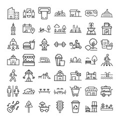 Cityscape Icons Buildings, Parks, Transportation, and People