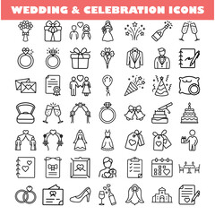 Wedding Celebration Icons Rings, Bride, Groom, Gifts, Party