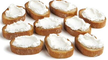 Cream Cheese Topped Bruschetta Bites On Display Over White Background