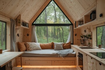 Cozy wooden cabin interior with a view of the tranquil forest landscape during autumn