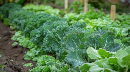 Rows of fresh leafy kale growing in a farm garden 