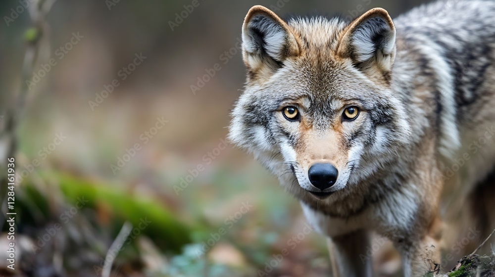 Poster closeup portrait of a wild wolf in a natural habitat showcasing intense eyes and a striking fur patt