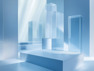 Blue glass backdrop of modern and minimalistic design with a focus on transparent glass like structures. 