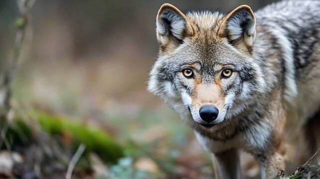 Closeup portrait of a wild wolf in a natural habitat showcasing intense eyes and a striking fur pattern : Generative AI