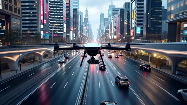 Drone Flight Over City Highway at Dusk