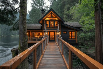 Charming cabin retreat on the waterfront surrounded by lush trees during twilight