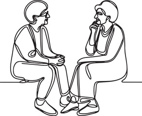 Charming Line Drawing of Two Elderly Women Talking