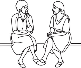 Charming Line Drawing of Two Elderly Women Talking