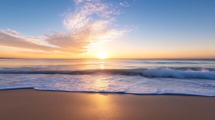 Fototapeta premium Scenic beach sunset with gentle waves and a vibrant sky filled with colors : Generative AI
