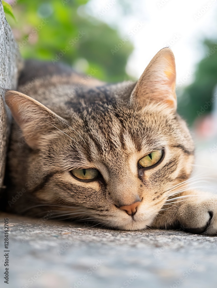Poster a closeup of a relaxed tabby cat with green eyes lounging comfortably on a sunny day : generative ai