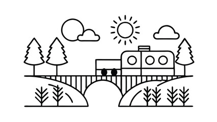 Fototapeta premium Simple line drawing of a camper train in a forest.