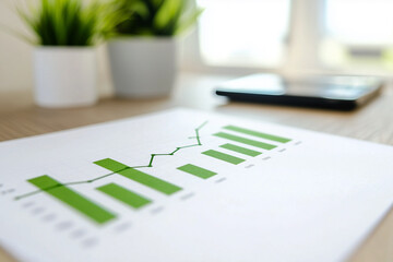 Close-up of a financial chart with a growing trend on a desk.
