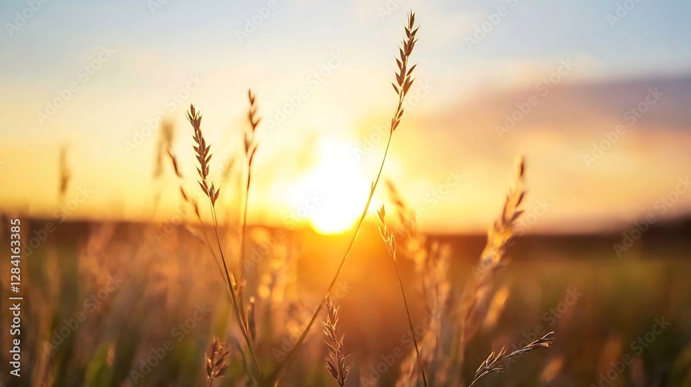 Poster Golden sun setting over tall grass in an expansive open field : Generative AI