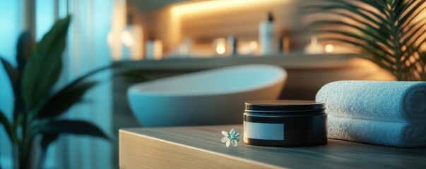 Luxurious spa setting with candlelit bathroom, towel, and lotion jar on wooden surface