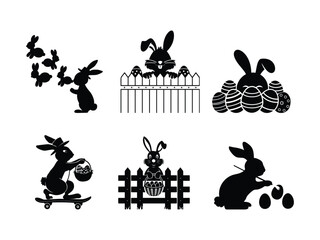 Obraz premium Easter Bunny Silhouettes with Basket and Eggs - Springtime Holiday Vector Art