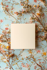 Obraz premium Blank Card on Floral Background. Blank card on floral background with pastel colors. Ideal for invitations or spring-themed designs.