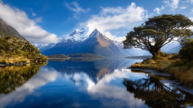 Stunning mountain landscape reflecting in a serene lake with a lone tree and dramatic clouds : Generative AI - Powered by Adobe