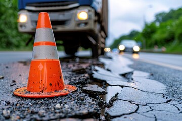 An orange traffic cone placed on a cracked road, warning drivers of potential hazards during a gloomy day with blurred vehicles in the background. emergency response