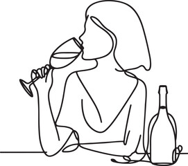 Elegant Line Drawing of Girl Drinking Wine