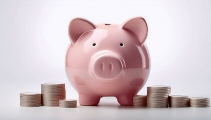 Saving for the Future: A classic pink piggy bank sits front and center, flanked by stacks of shiny coins.