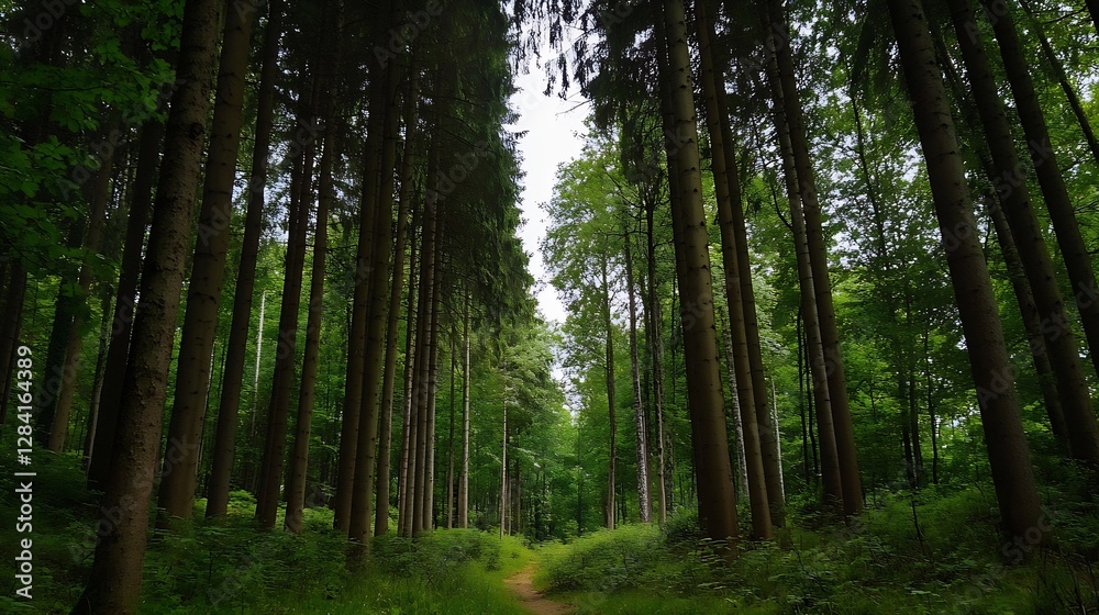 Aufkleber tall majestic trees creating a tranquil path through a vibrant lush green forest in nature : generat