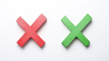 Obraz premium Red and Green Wooden Crosses Choice Symbols Decision Making Concept Correct Incorrect Vote Tick Cross Graphic Design Element Simple Minimalist Style 