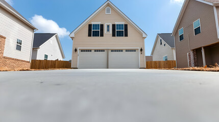 Suburban home, garage, driveway, new construction, sunny day, real estate listing