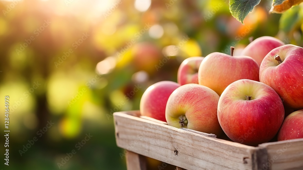 Aufkleber Freshly picked red apples arranged in a rustic wooden crate with warm sunlight filtering through : Generative AI