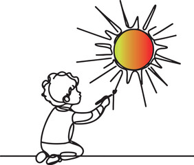 Small Boy Drawing a Sun on Wall in Line Art Style