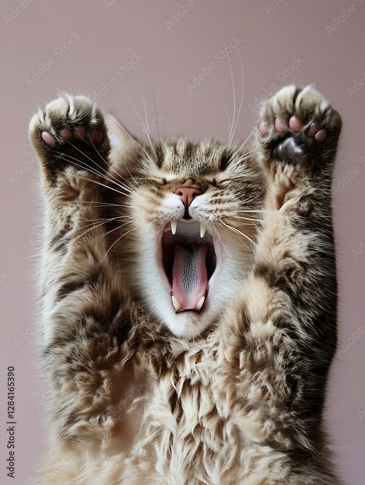 Poster cute playful tabby cat yawning with paws raised against a soft pastel background : generative ai
