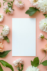 Obraz premium Floral Frame with Blank Paper. Blank white paper surrounded by flowers on a peach background. Ideal for invitations or stationery design.