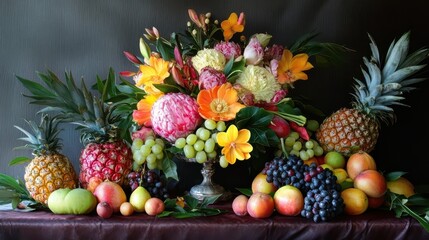 Vibrant floral and fruit arrangement with pineapples and grapes
