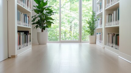 Fototapeta premium Bright modern library interior with white bookshelves, green potted plants, and a large window overlooking trees.