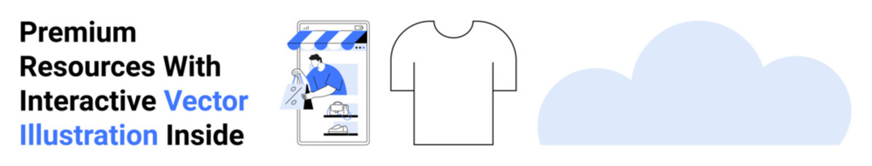 E-commerce storefront, t-shirt outline, and cloud graphic emphasizing online shopping, product customization, and digital storage. Ideal for e-commerce, cloud solutions, data, creativity-driven