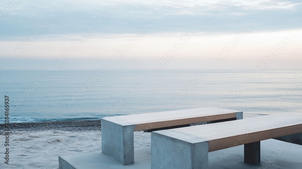 Poster serene coastal scenery with minimalistic concrete benches overlooking calm ocean : generative ai