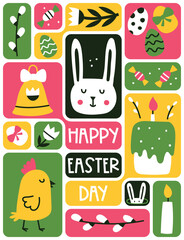 Happy Easter day. Geometric background, Easter card, banner design. Bento grid design. Perfect for a poster, cover, or postcard. Vector illustration.