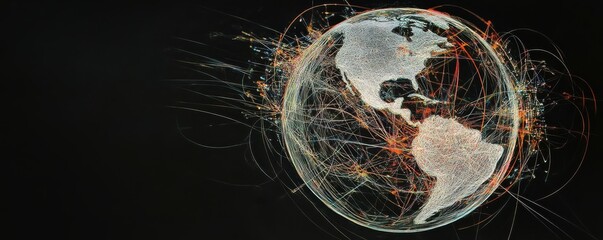 Illuminated world map with network connections highlighting the americas on dark background